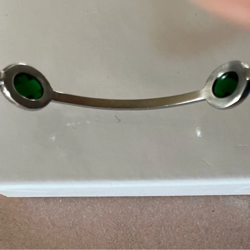 Silver Hammered Bangle Bracelet with Green Faceted Stones